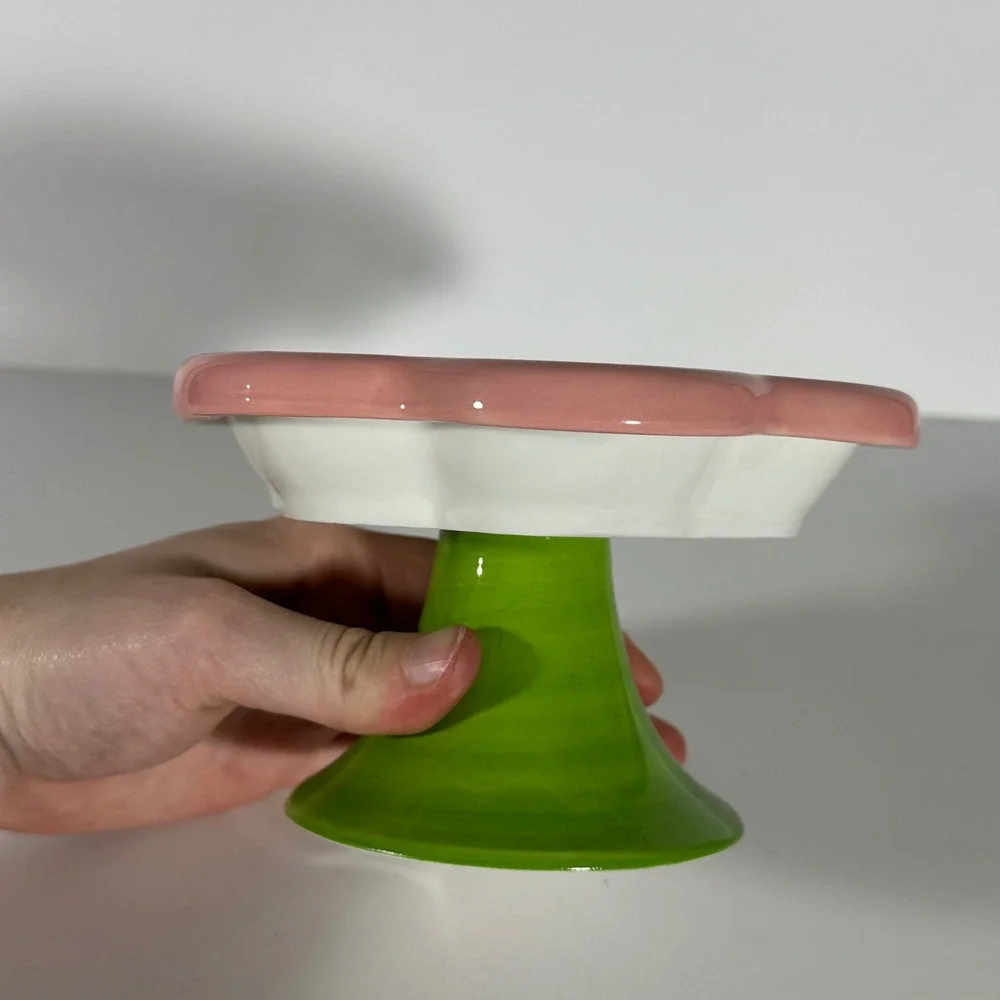 Pink Flower Ceramic Pedestal Dish Scalloped Scallop Bowl Green Stem Cat Bowl